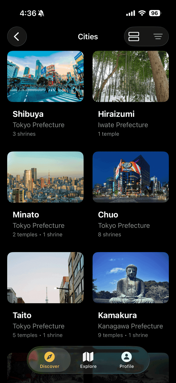 Screenshot of Goshuin Atlas app showing City Guides: Explore temples by city with curated guides and local recommendations for each destination.
