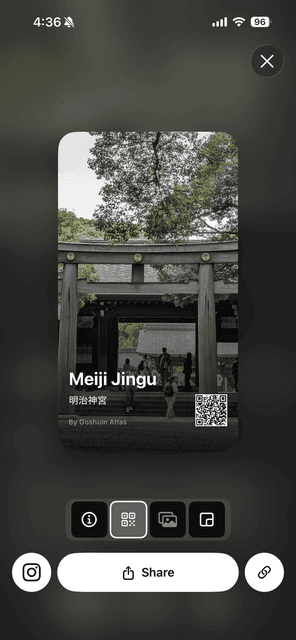 Screenshot of Goshuin Atlas app showing Share Temples: Share your favorite temples with friends via Messages, Mail, or social media with one tap.