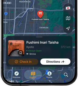 Screenshot of Goshuin Atlas app showing Get directions: Get directions to temples and shrines directly in Goshuin Atlas or with your favorite maps app.