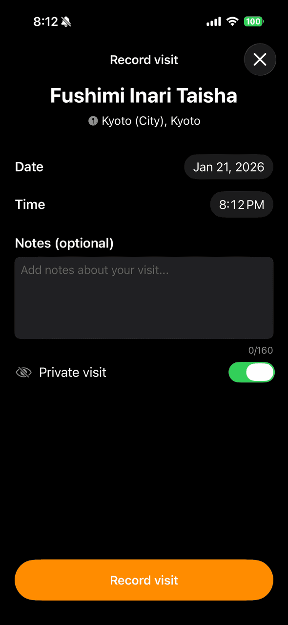 Screenshot of Goshuin Atlas app showing allFeatures.checkIn.title: allFeatures.checkIn.description