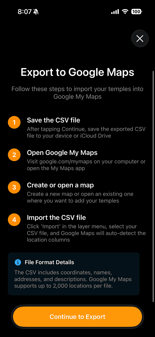 Screenshot of Goshuin Atlas app showing Data Export: Export your saved temples in multiple formats for backup or sharing.