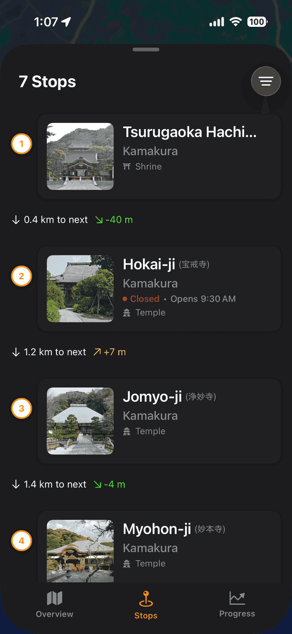 Screenshot of Goshuin Atlas app showing 路线站点与进度: 通过详细的站点、距离和寺庙间的海拔变化,逐步跟踪您的朝圣之旅。