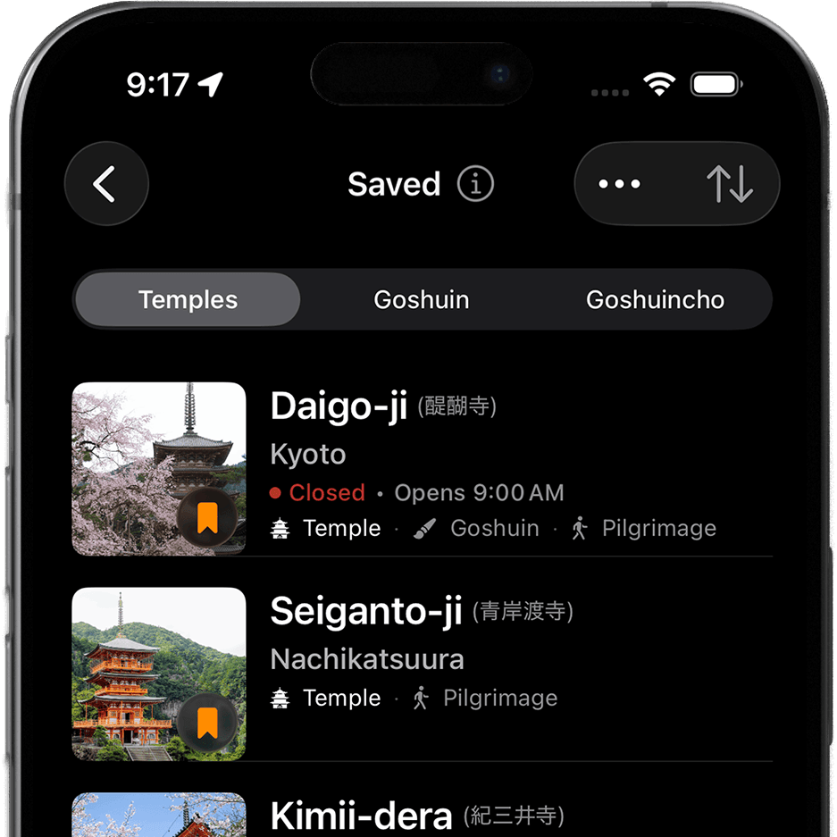 Screenshot of Goshuin Atlas app showing Save Your Favorites: Bookmark temples you want to visit and track the places you've explored.