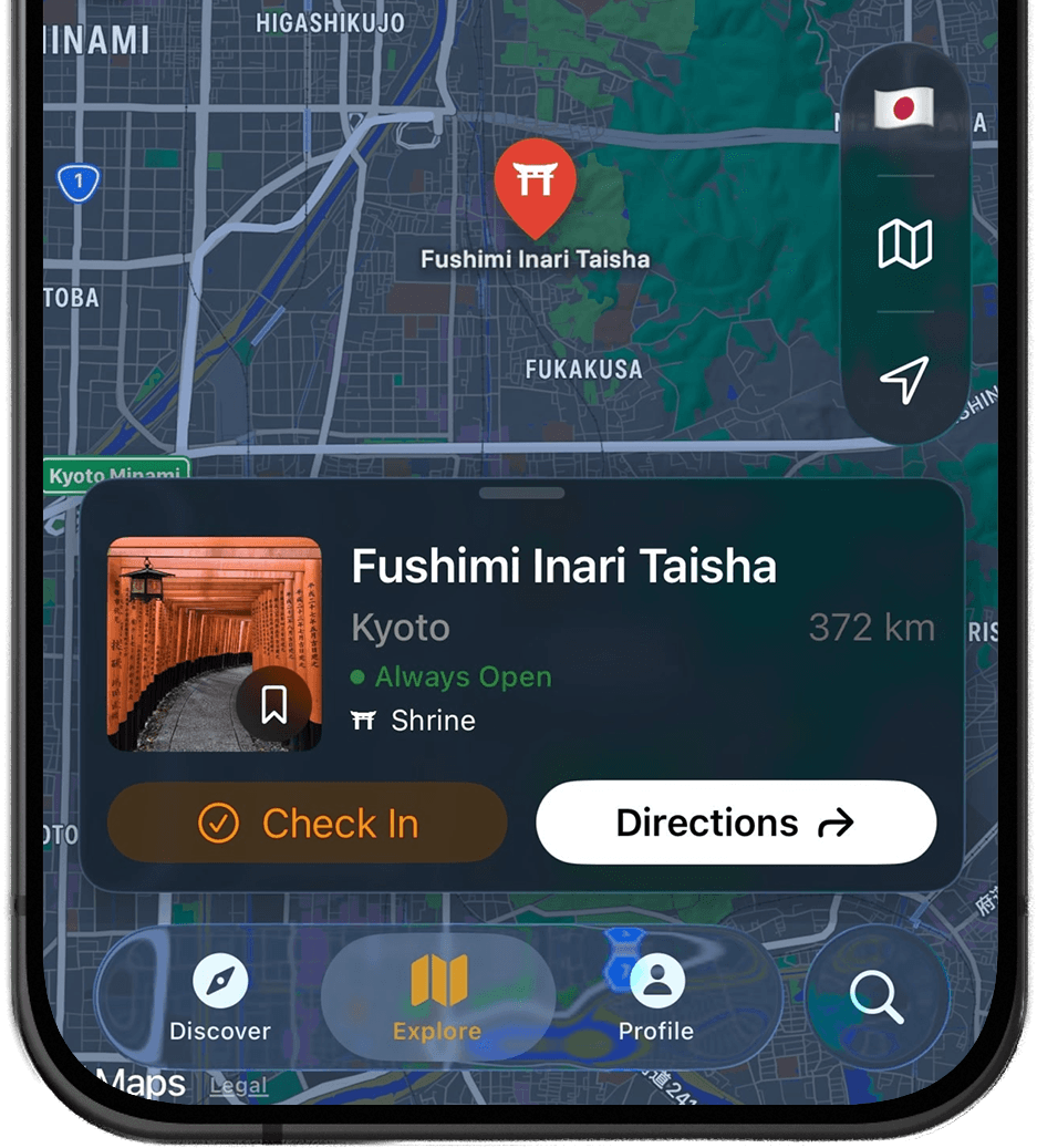 Screenshot of Goshuin Atlas app showing Get directions: Get directions to temples and shrines directly in Goshuin Atlas or with your favorite maps app.