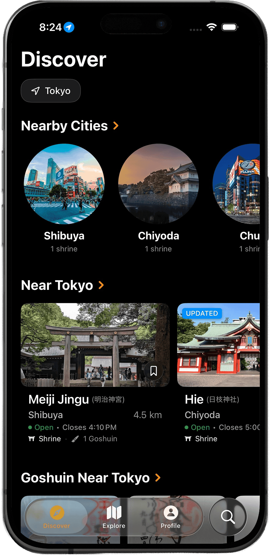 Screenshot of Goshuin Atlas app showing Discover Sacred Places: Your next spiritual destination is just a tap away. Explore temples and shrines across all 47 prefectures.
Let the app guide you to hidden gems and goshuin opportunities near you.